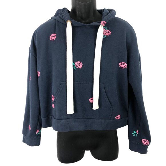 Free Press Juniors Size Large Navy Blue Long Sleeve Cropped Hoodie Pink Roses - Picture 1 of 8